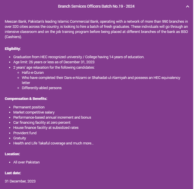 Career Opportunities in Meezan Bank 2024 for Branch Services Officers