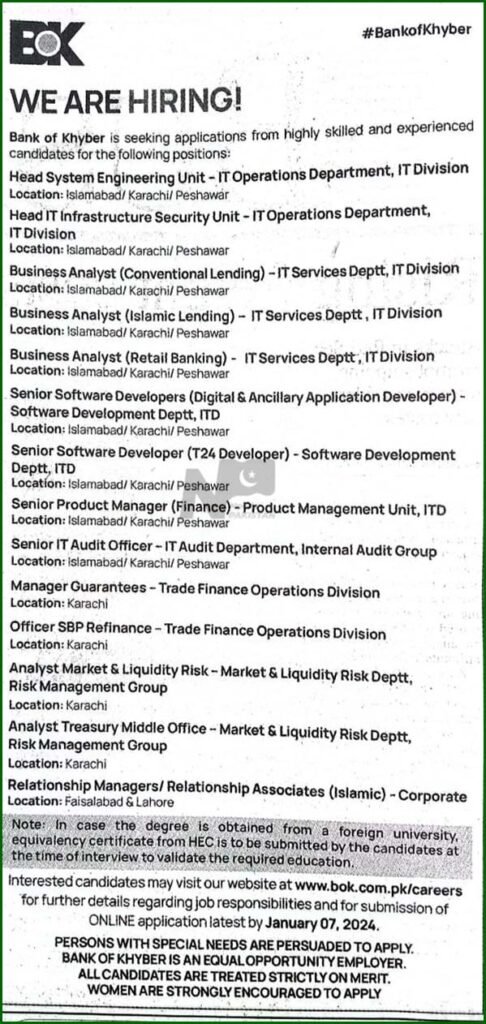 The Bank of Khyber Jobs 2024