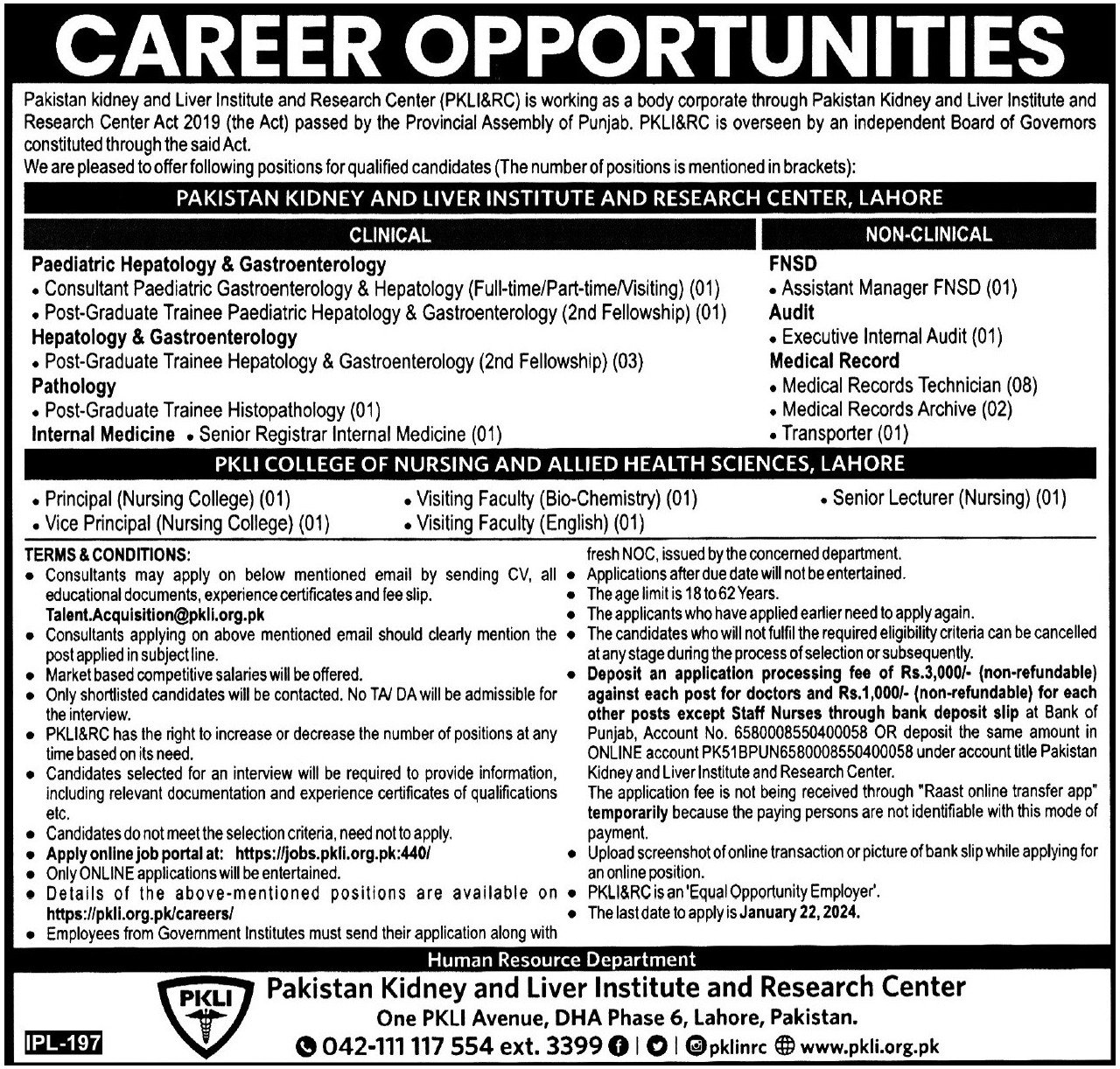 Pakistan Kidney Liver Institute Jobs 2024